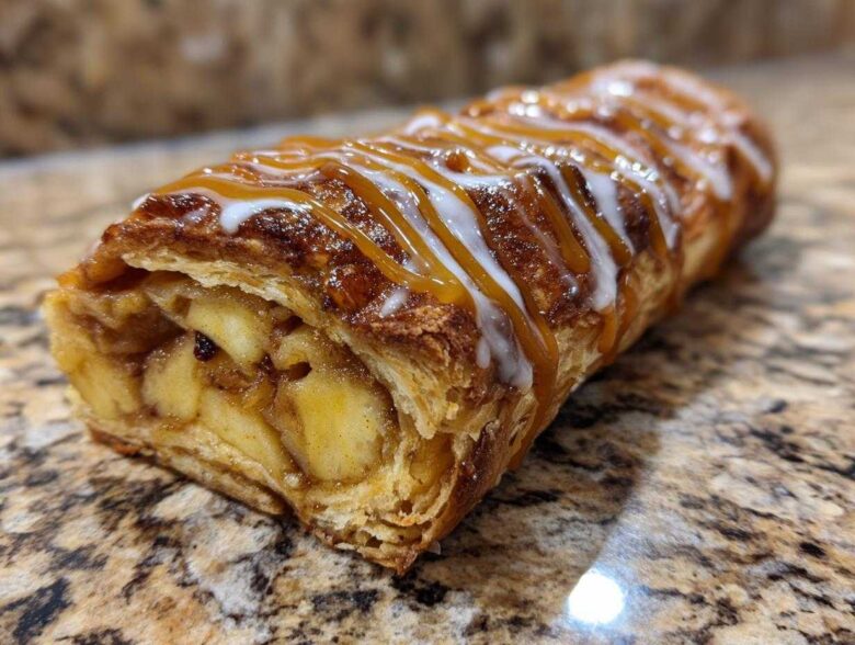 A close-up of a flaky pastry filled with cinnamon apples, drizzled with caramel and white icing, representing an apple strudel.