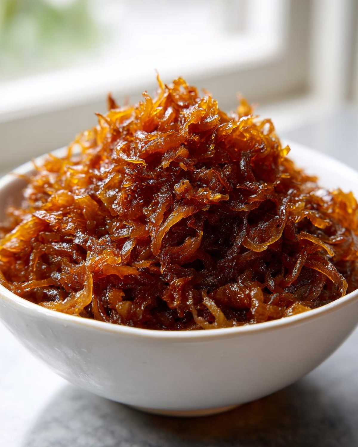 A close-up of a mound of deeply browned, glossy caramelized onions served in a small white bowl.