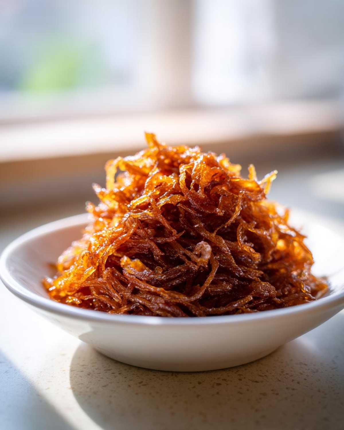 A heaping pile of deep brown, glossy caramelized onions served in a small white bowl.