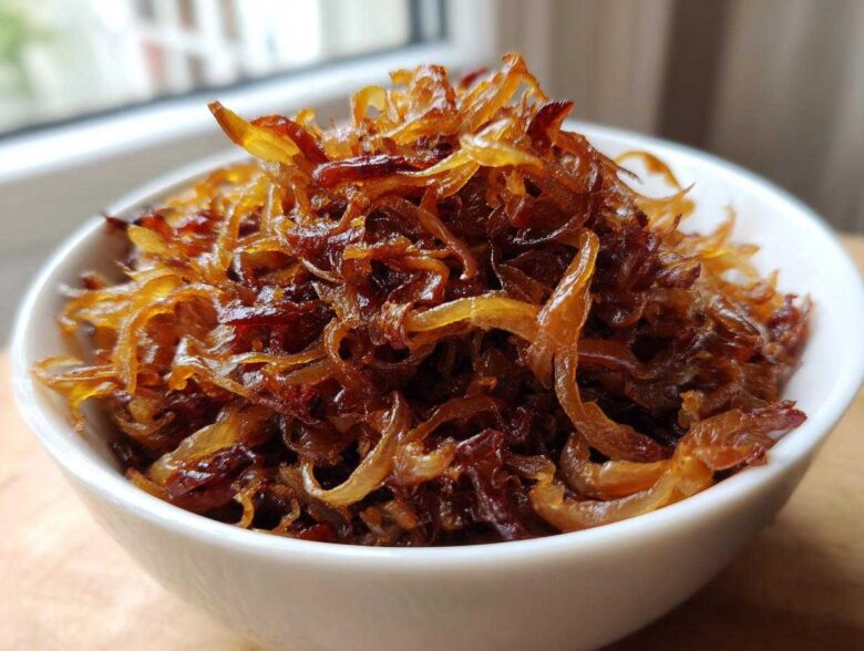 Close-up of deeply browned and glossy caramelized onions piled high in a small white bowl.