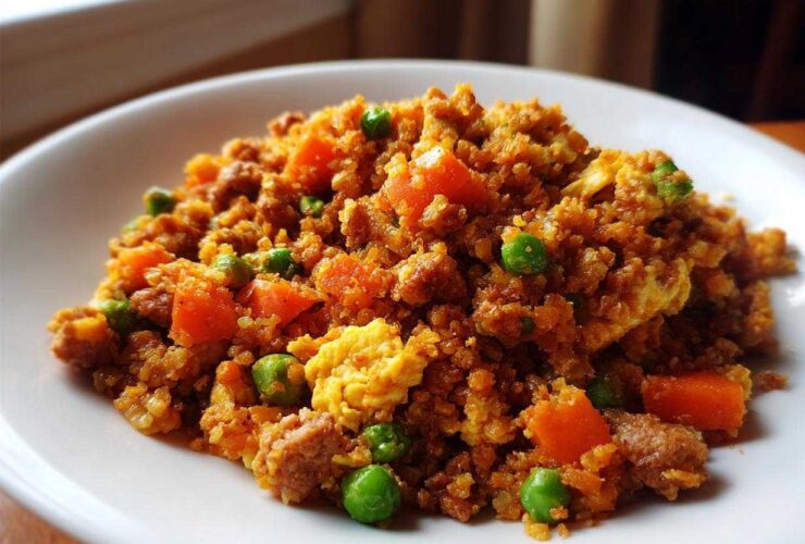 A close-up serving of vibrant cauliflower fried rice mixed with scrambled egg, bright green peas, and diced carrots.