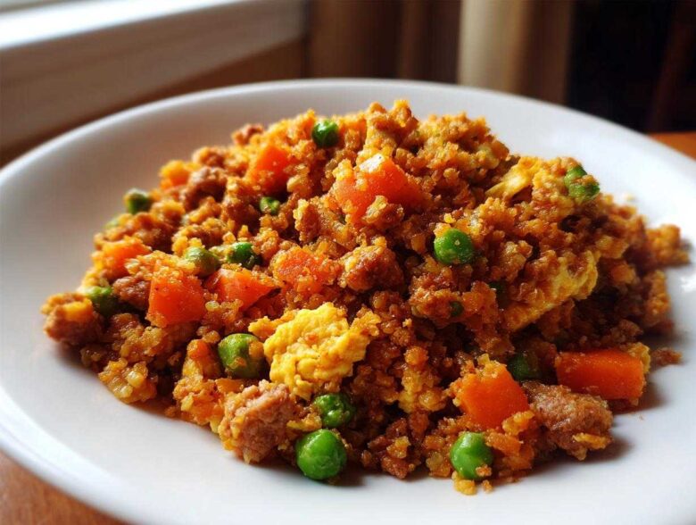 A close-up serving of vibrant cauliflower fried rice mixed with scrambled egg, bright green peas, and diced carrots.