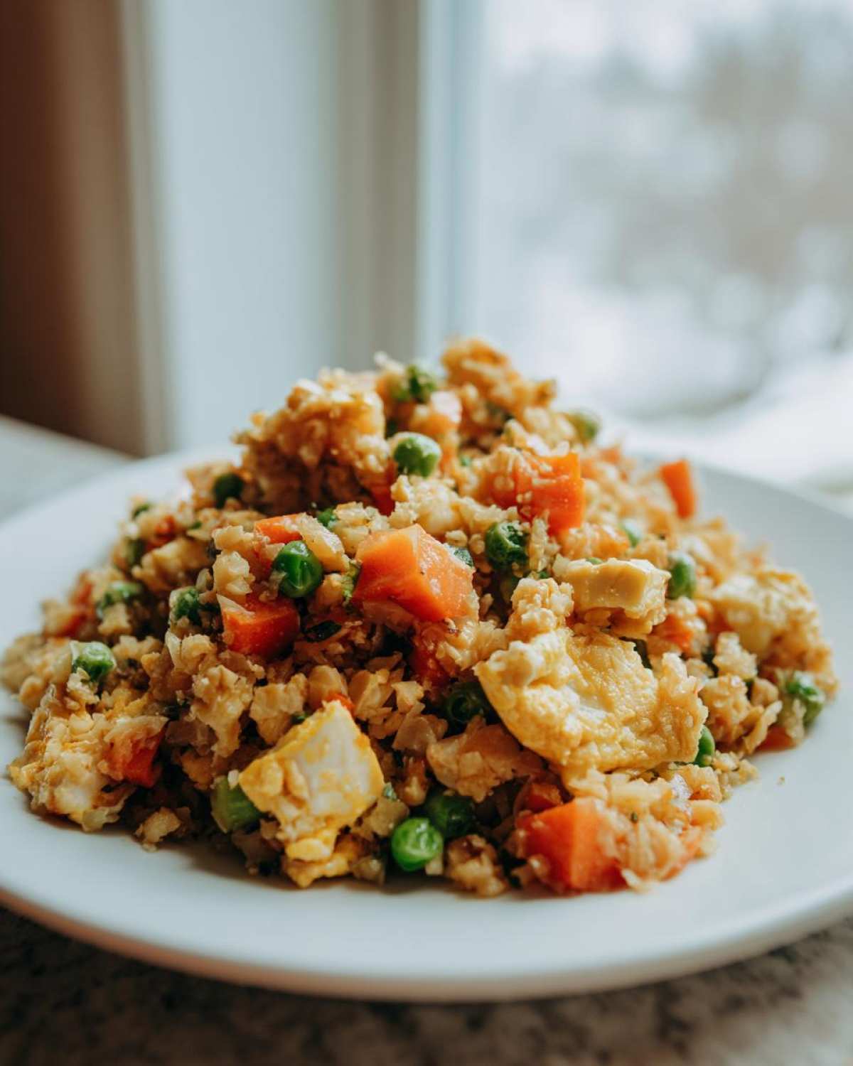Close-up of a serving of cauliflower fried rice mixed with scrambled egg, bright orange carrots, and green peas.