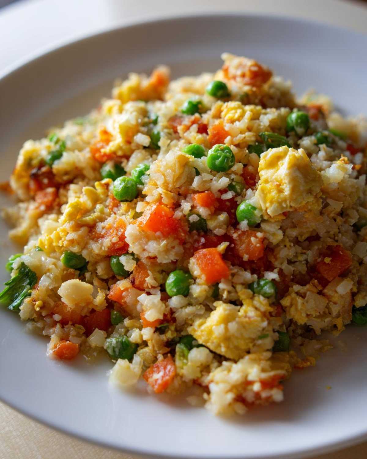 A close-up serving of vibrant cauliflower fried rice mixed with scrambled egg, bright green peas, and diced carrots.