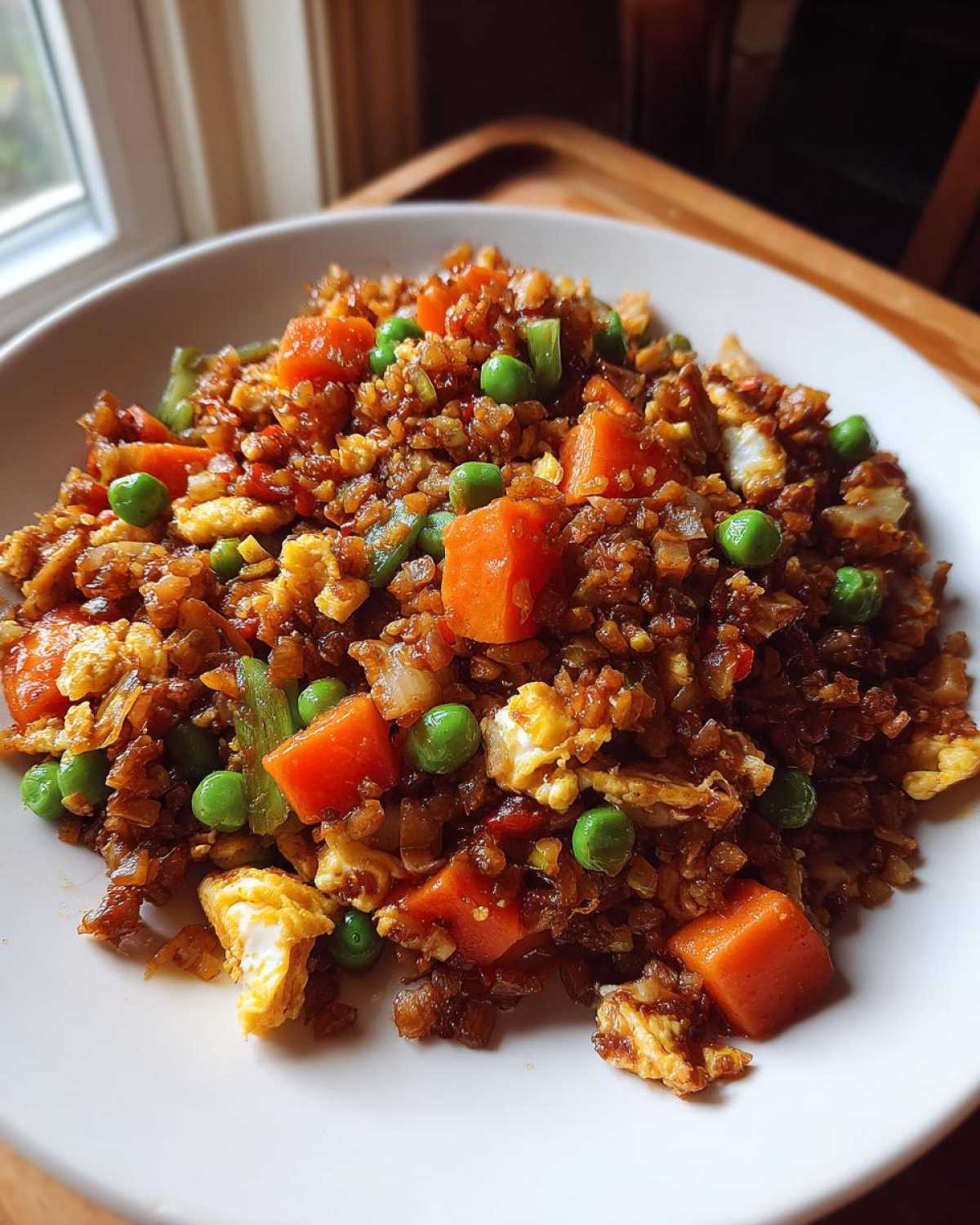 A close-up of a white bowl filled with savory cauliflower fried rice, featuring bright orange carrots, green peas, and scrambled egg pieces.