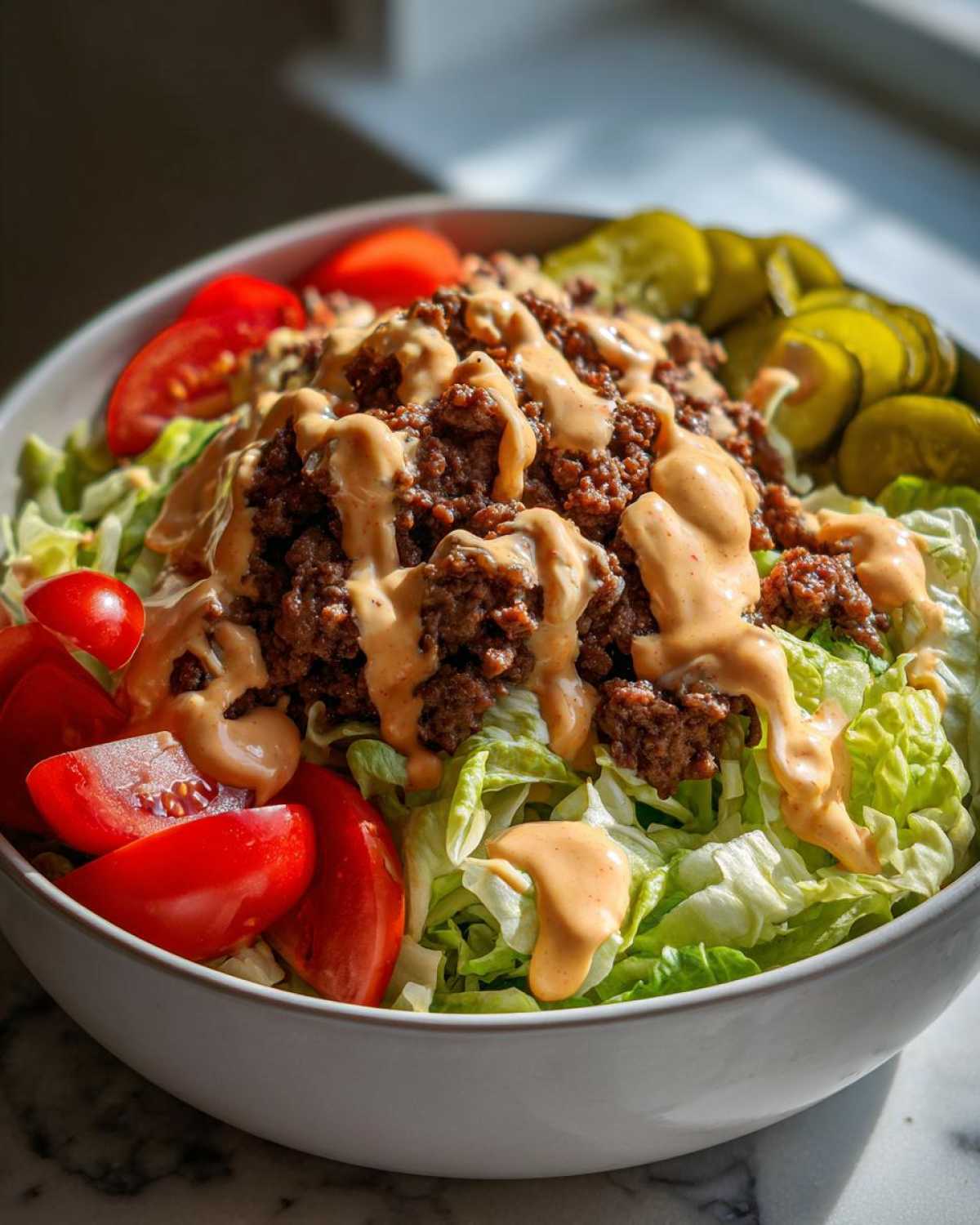 A close-up of a fresh cheeseburger bowl featuring seasoned ground beef, lettuce, tomato wedges, pickles, and a creamy sauce drizzle.
