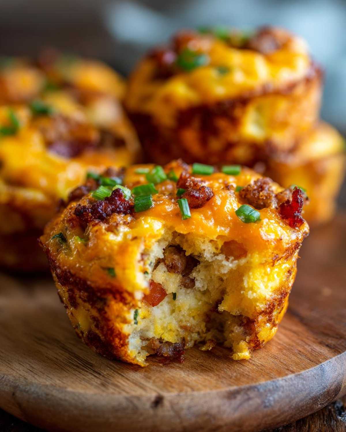 A close-up of a savory egg muffin topped with melted cheddar cheese, bacon bits, and chives, with a bite taken out.