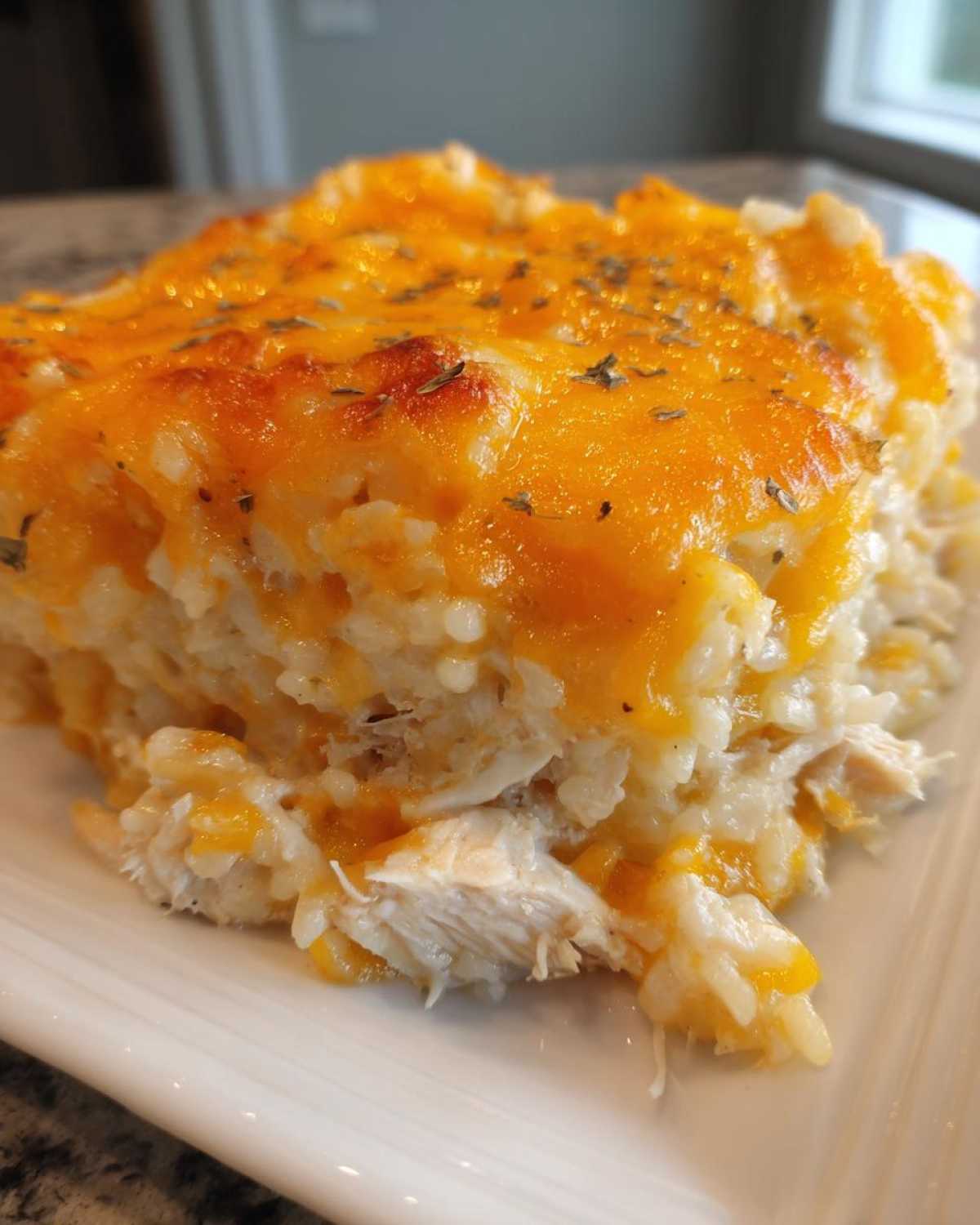 A close-up square serving of creamy chicken and rice casserole topped with melted cheddar cheese.
