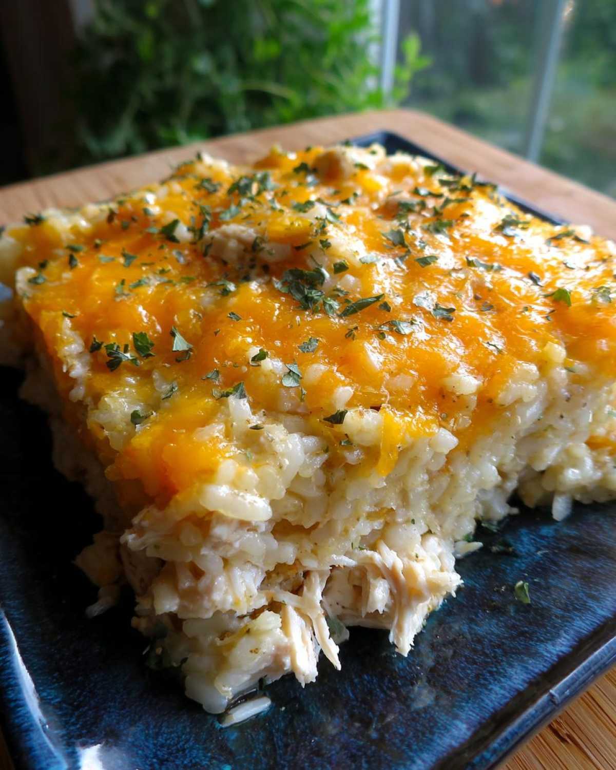 A close-up of a square serving of creamy chicken and rice casserole topped with melted cheddar cheese and parsley.