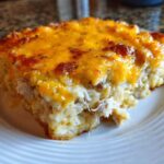 A close-up of a hearty slice of chicken and rice casserole topped with melted, browned cheddar cheese.