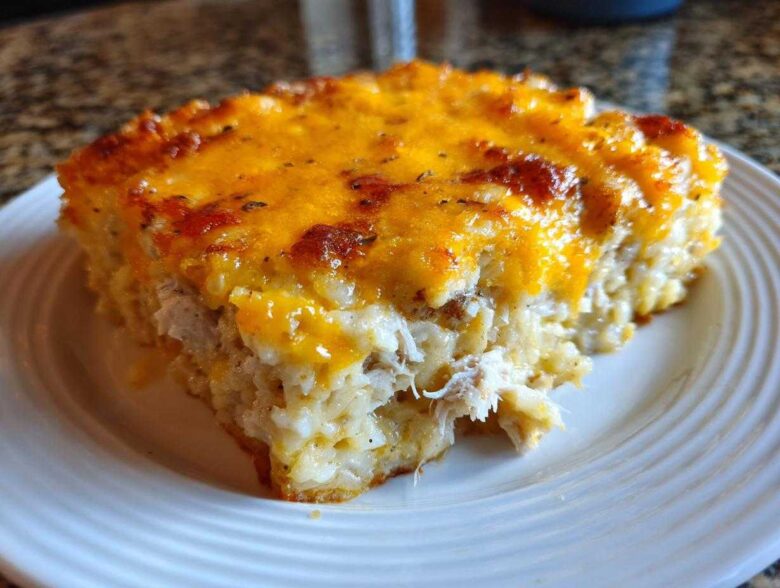 A close-up of a hearty slice of chicken and rice casserole topped with melted, browned cheddar cheese.