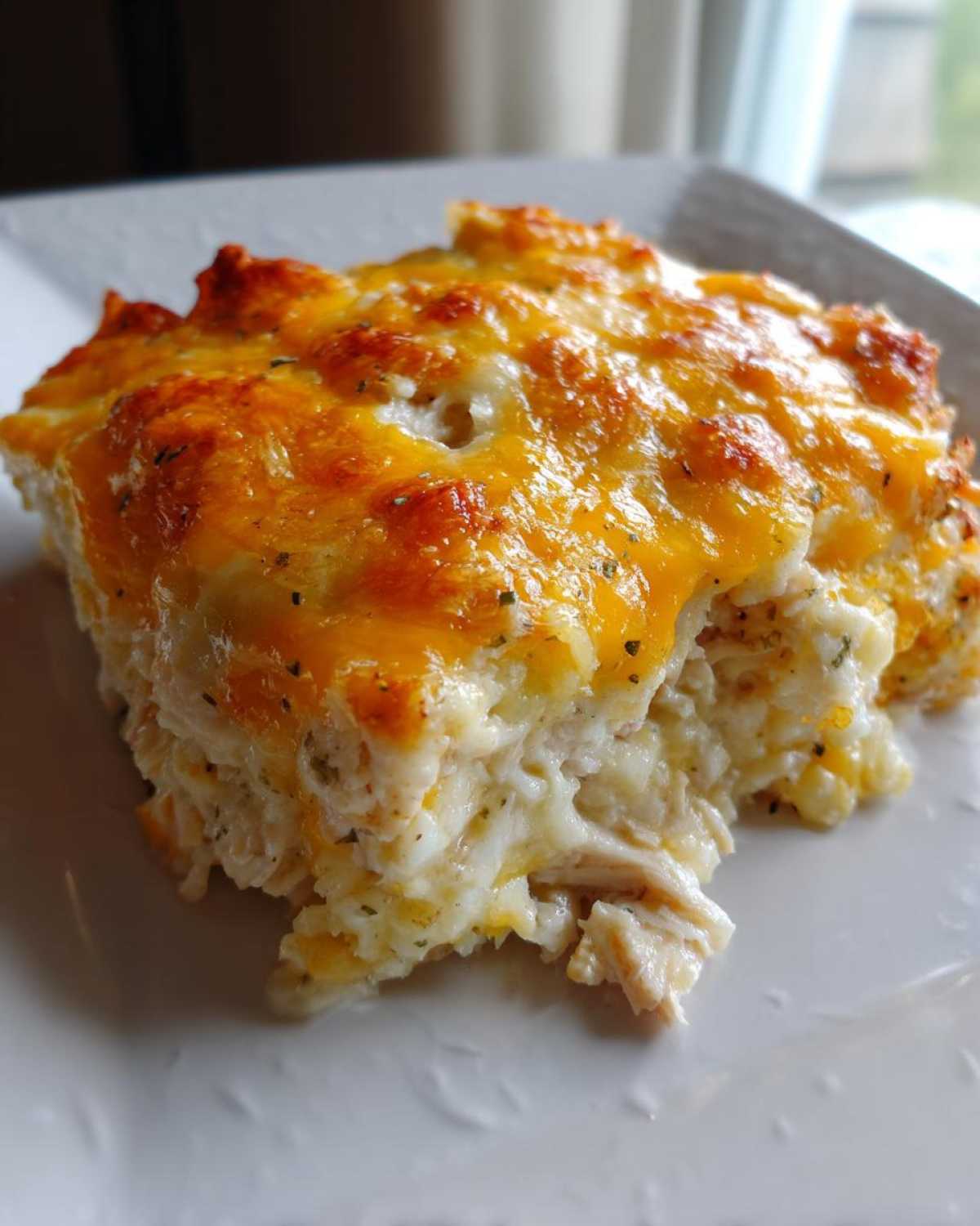 A close-up of a square serving of cheesy chicken and rice casserole with a golden, melted cheese topping.