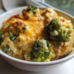 A close-up of a serving of creamy chicken broccoli rice casserole topped with melted, slightly browned cheddar cheese.
