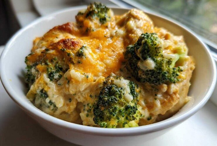 A close-up of a serving of creamy chicken broccoli rice casserole topped with melted, slightly browned cheddar cheese.