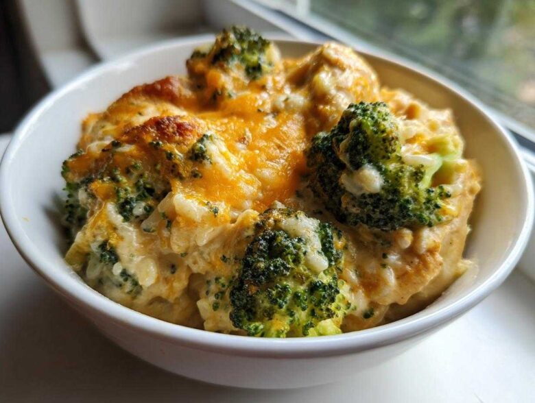 A close-up of a serving of creamy chicken broccoli rice casserole topped with melted, slightly browned cheddar cheese.