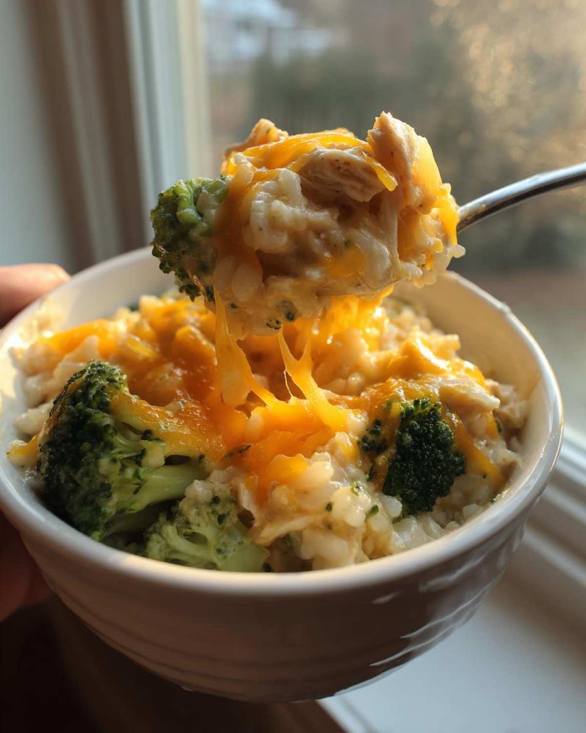 A spoonful of creamy chicken broccoli rice casserole dripping with melted cheddar cheese.