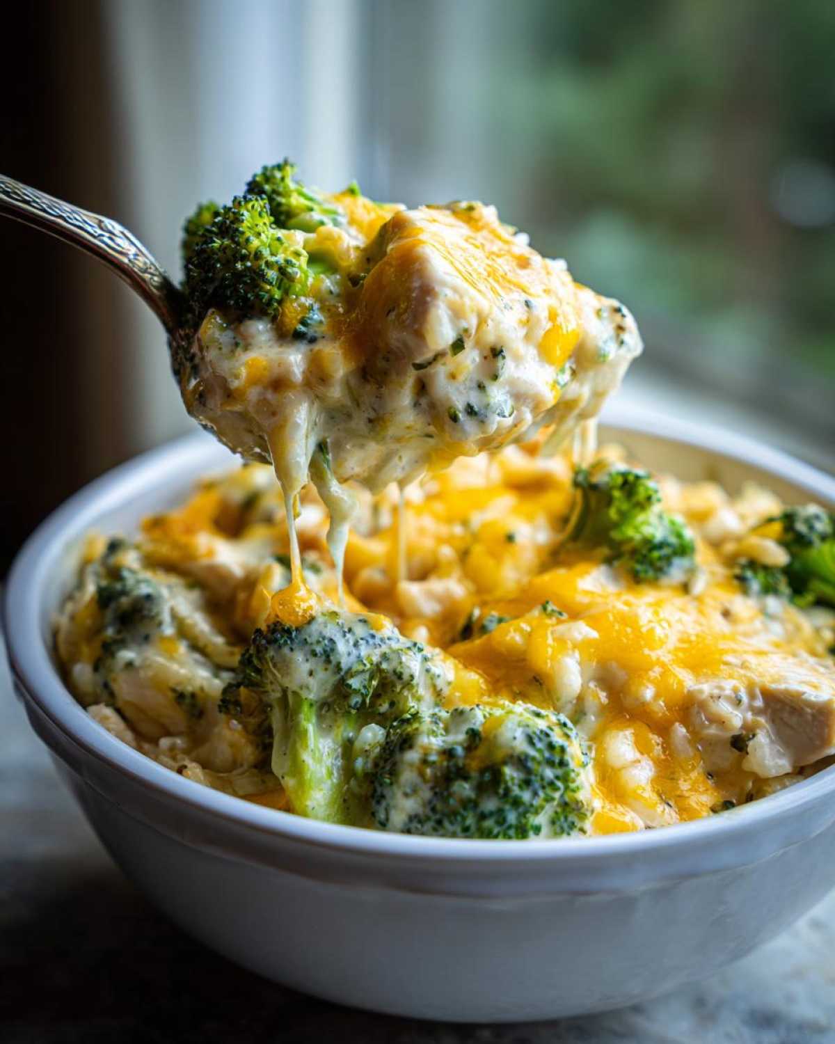 A spoonful of creamy chicken broccoli rice casserole being lifted from a white bowl, showing melted cheese.
