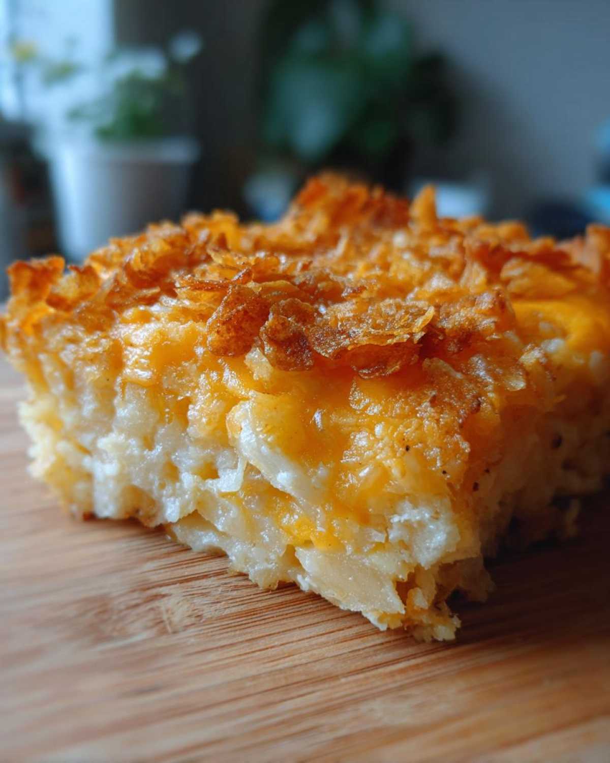 A close-up, tempting slice of creamy hashbrown casserole topped with melted cheddar cheese and crispy cornflakes.