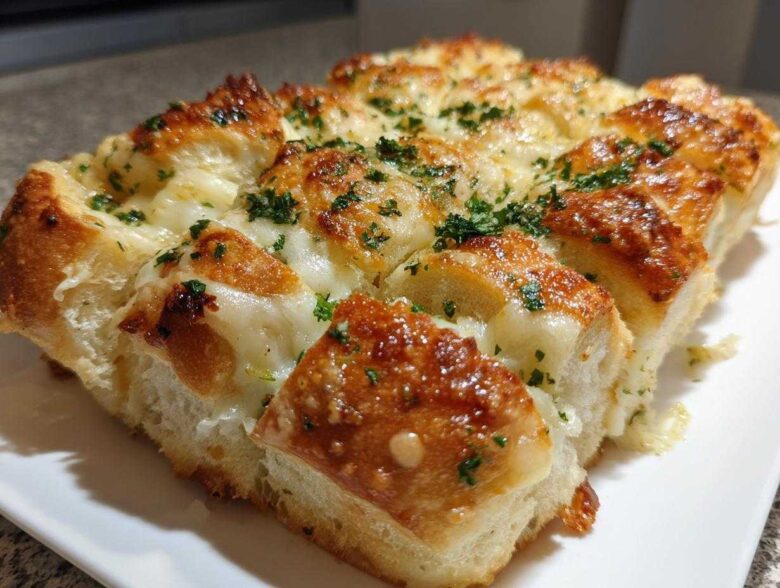 Close-up of cheesy hawaiian roll garlic bread, baked golden brown and topped with parsley.