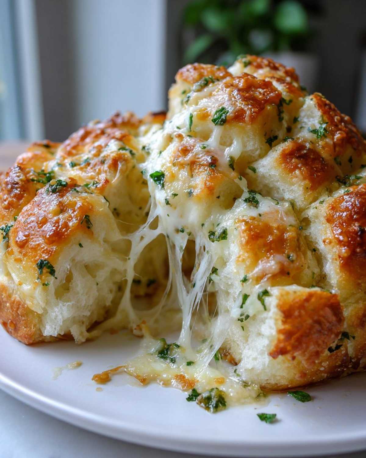 Close-up of cheesy Hawaiian roll garlic bread pulling apart, showing melted cheese strings and parsley.
