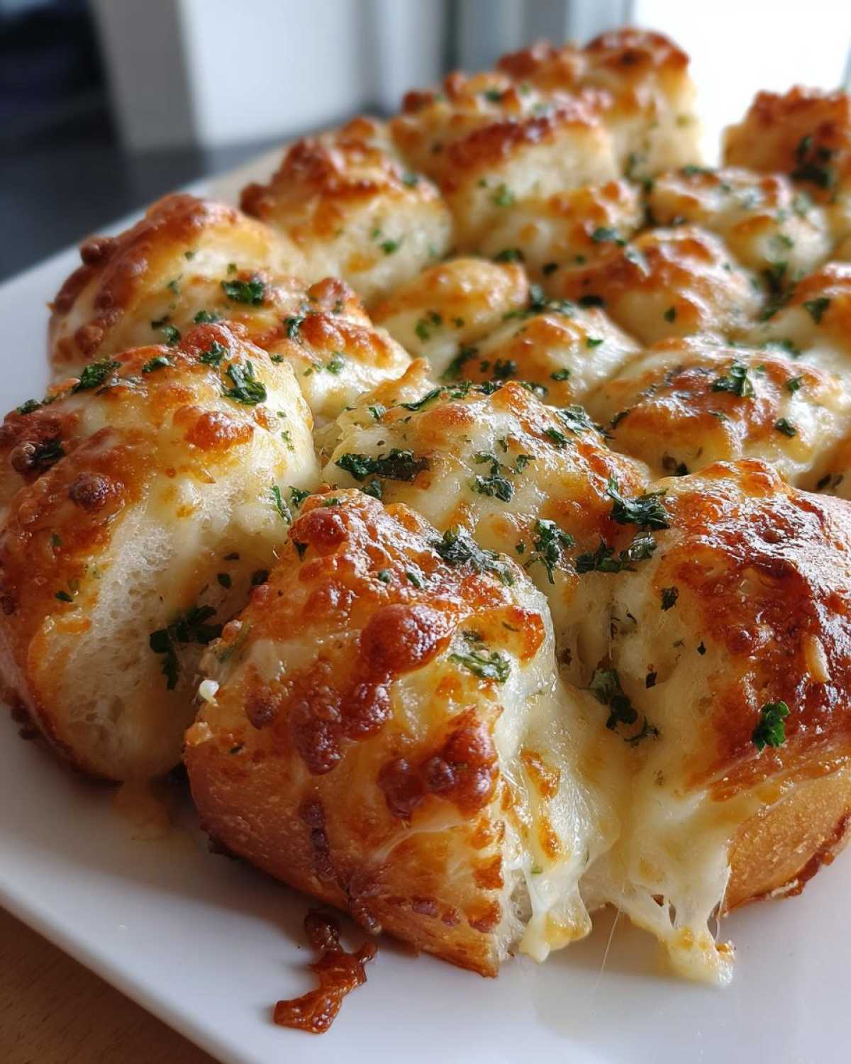Close-up of cheesy Hawaiian roll garlic bread, melted cheese stretching as a piece is pulled away.