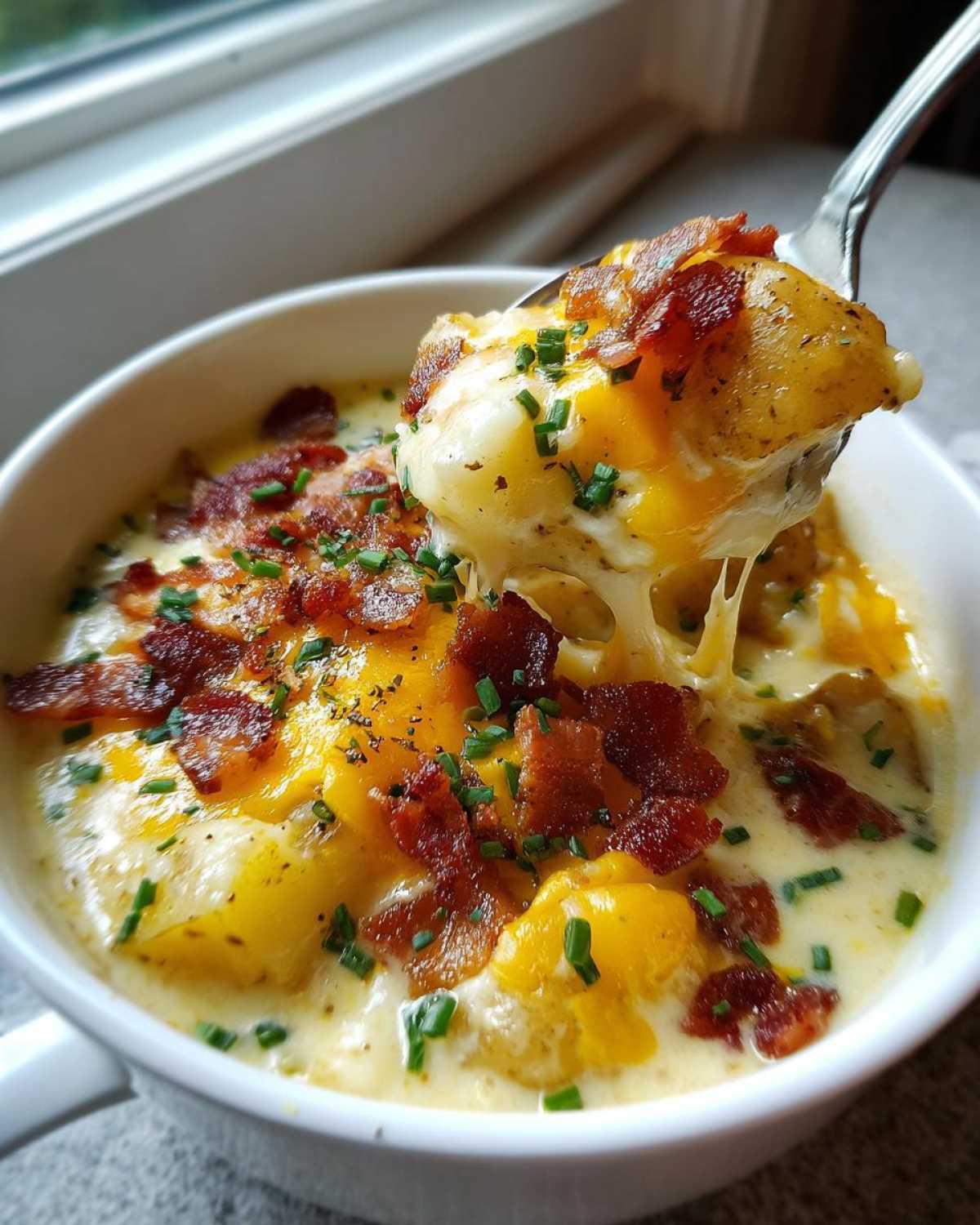 A spoonful of thick, cheesy potato soup recipe lifted from a white bowl, topped with bacon bits and chives.