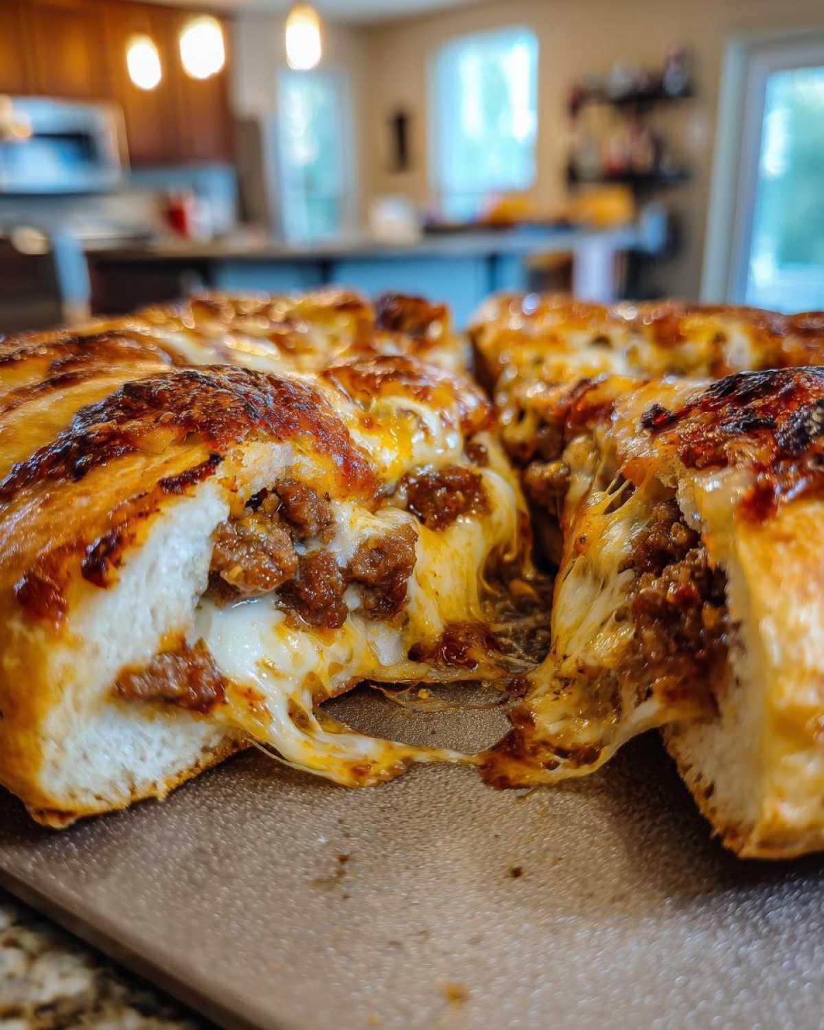 Close-up of freshly baked garbage bread cut open, showing a massive cheese pull and savory meat filling.
