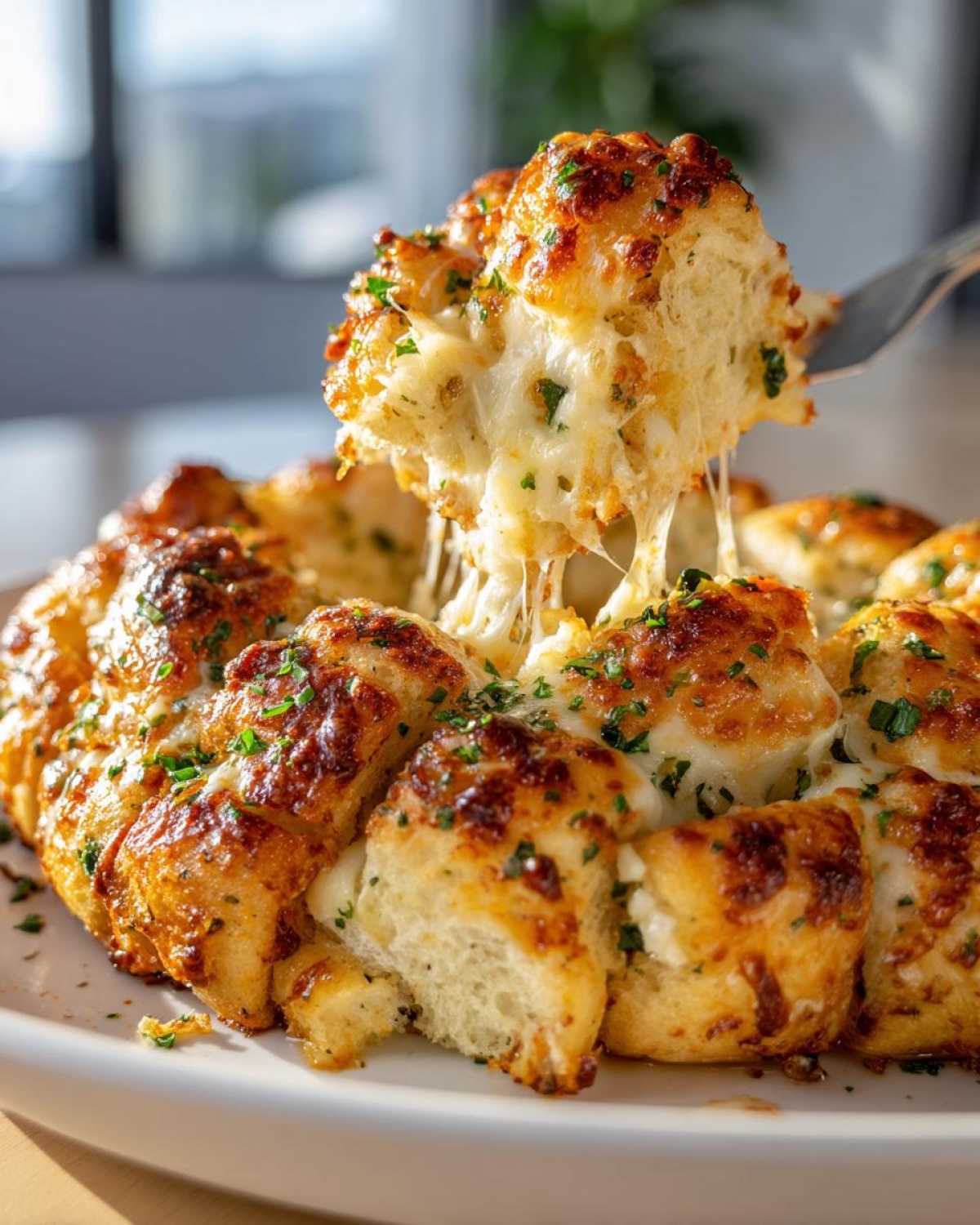 A piece of cheesy hawaiian roll garlic bread being pulled away, showing long, melted cheese strings.