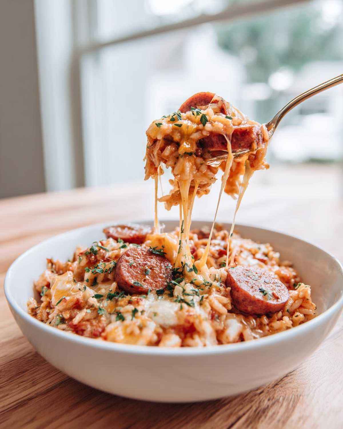 A spoonful of cheesy sausage and rice lifted from a bowl, showing long, melted cheese strands.