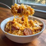 A spoonful of creamy sausage and rice lifted from a bowl, showing a dramatic cheese pull.