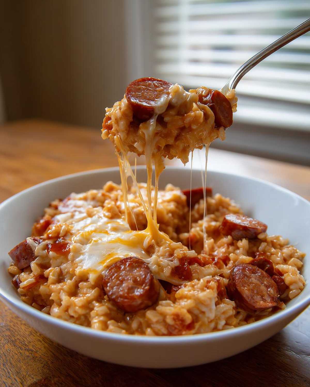 A fork lifts a cheesy, saucy portion of sausage and rice with melted cheese stretching between the fork and the bowl.