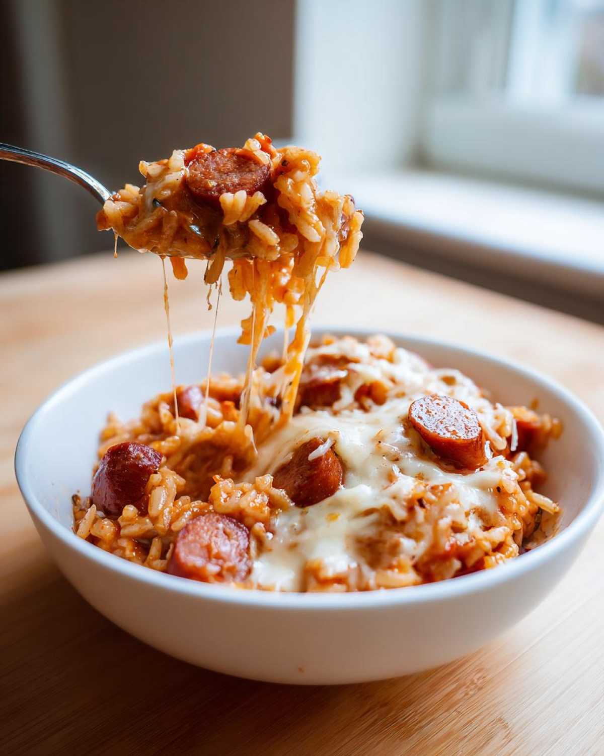A spoonful of cheesy sausage and rice lifted from a bowl, showing a dramatic cheese pull.