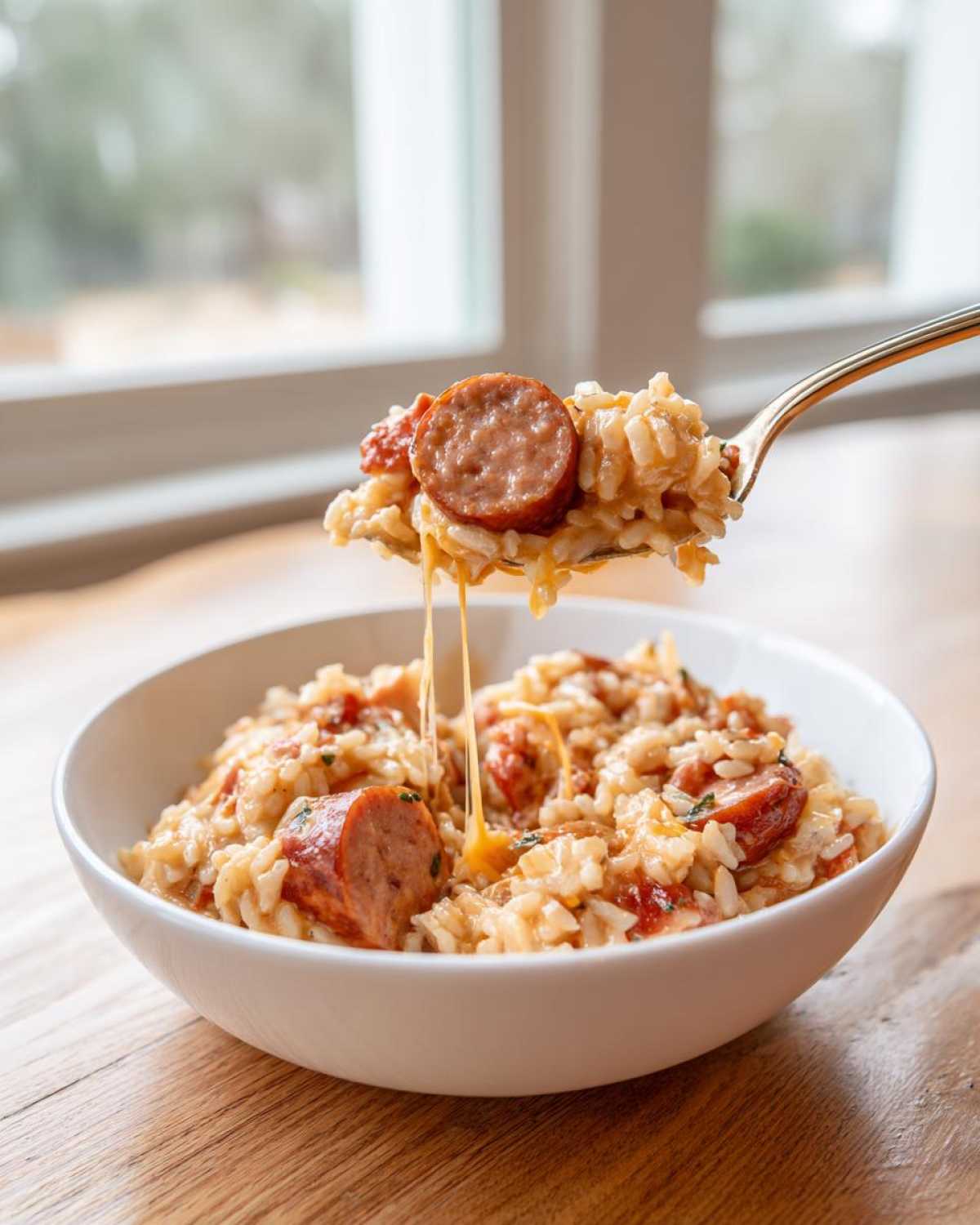 A spoonful of creamy sausage and rice is lifted from a white bowl, showing melted cheese strings.