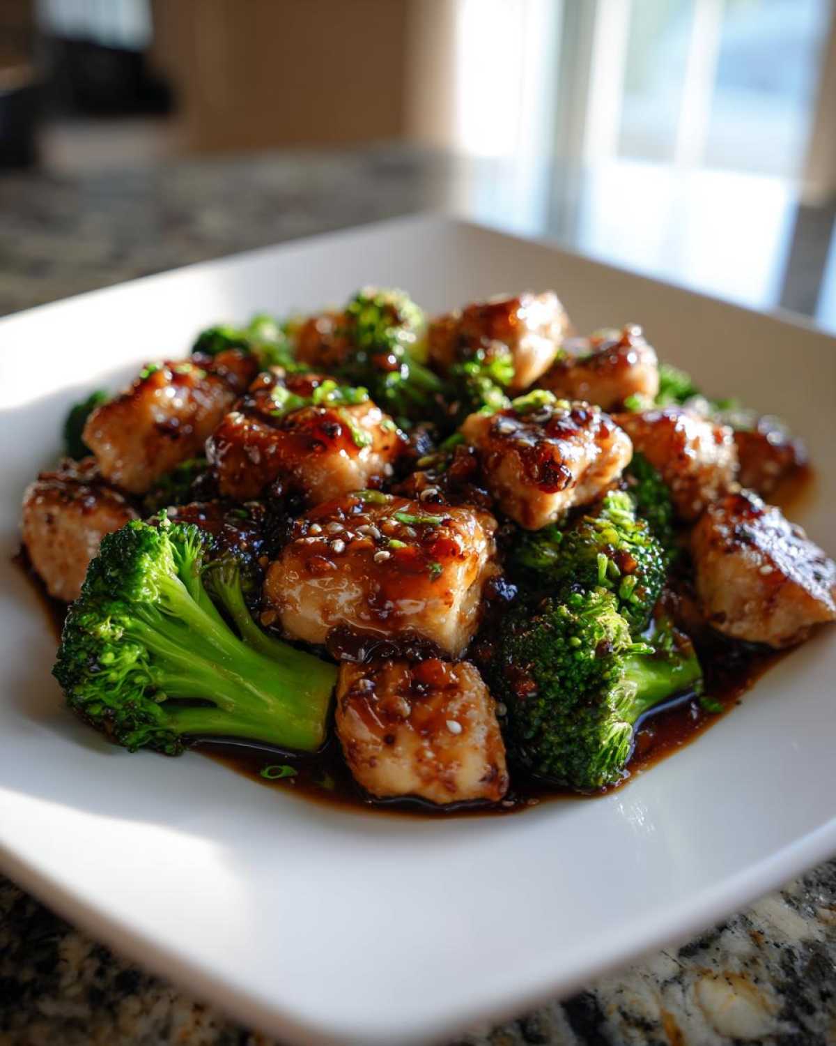 Close-up of saucy chicken and broccoli pieces garnished with sesame seeds.
