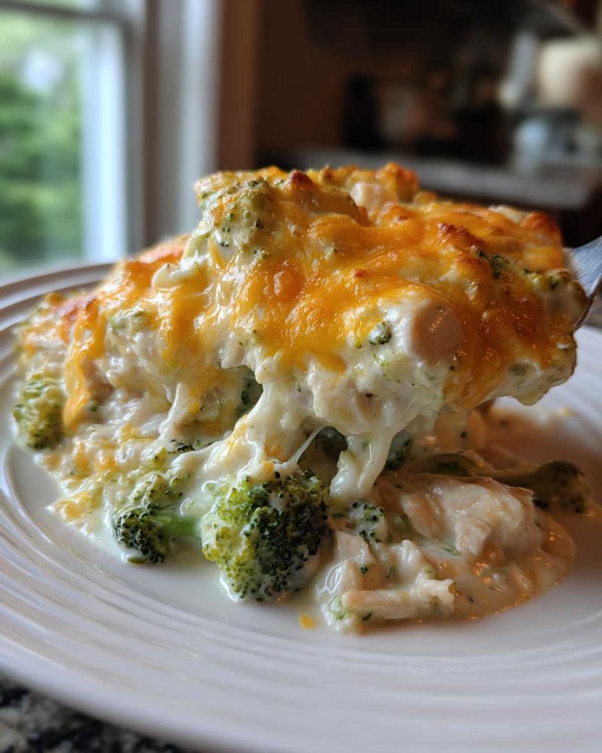 A spoonful of creamy Chicken Divan casserole featuring melted cheese, chicken, and bright green broccoli florets.