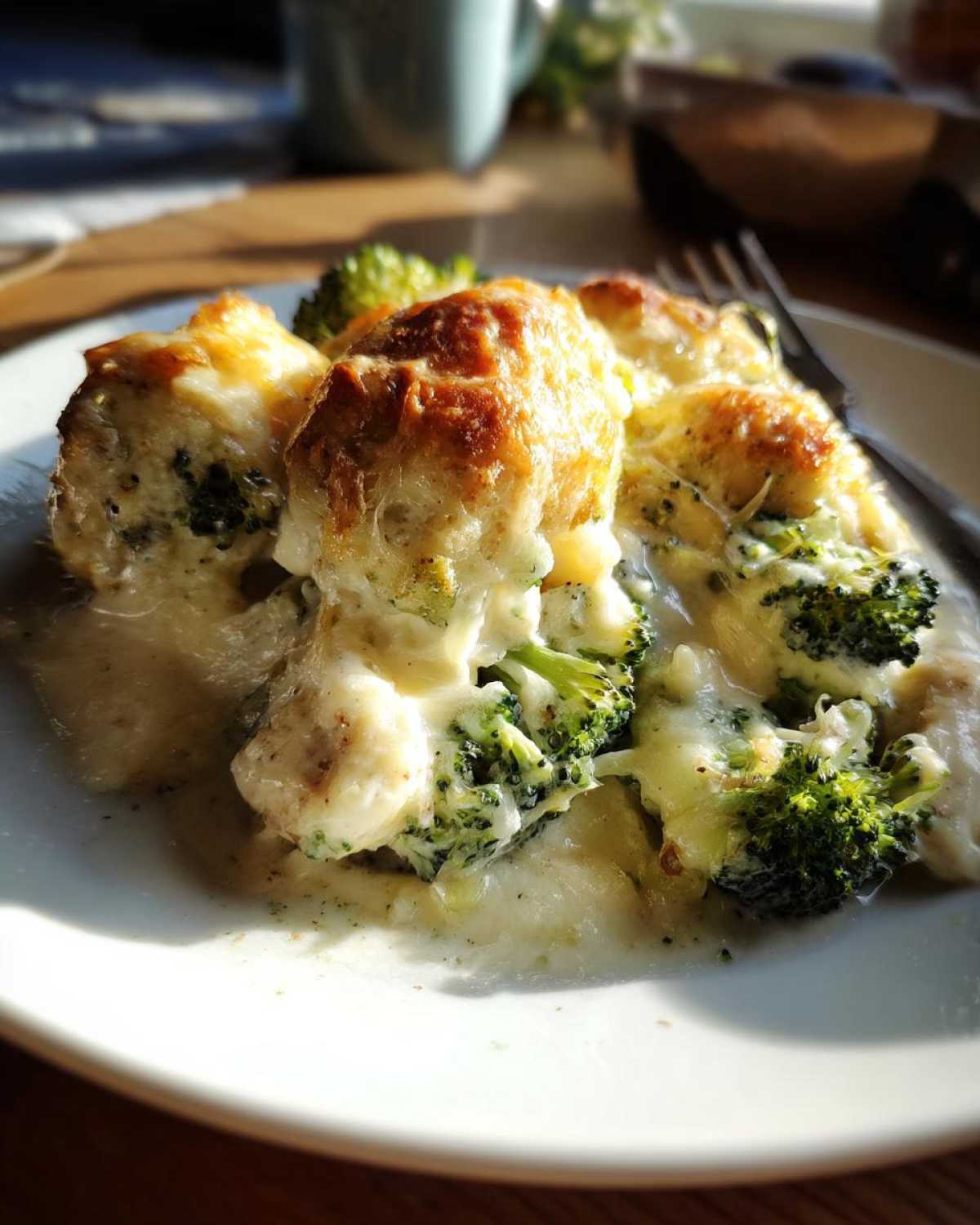 Close-up of a serving of Chicken Divan casserole featuring chicken, bright green broccoli florets, and a bubbly, browned cheese sauce.