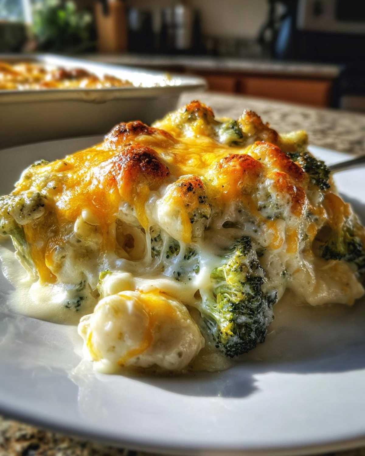 A close-up serving of creamy Chicken Divan casserole topped with melted, browned cheddar cheese and broccoli florets.