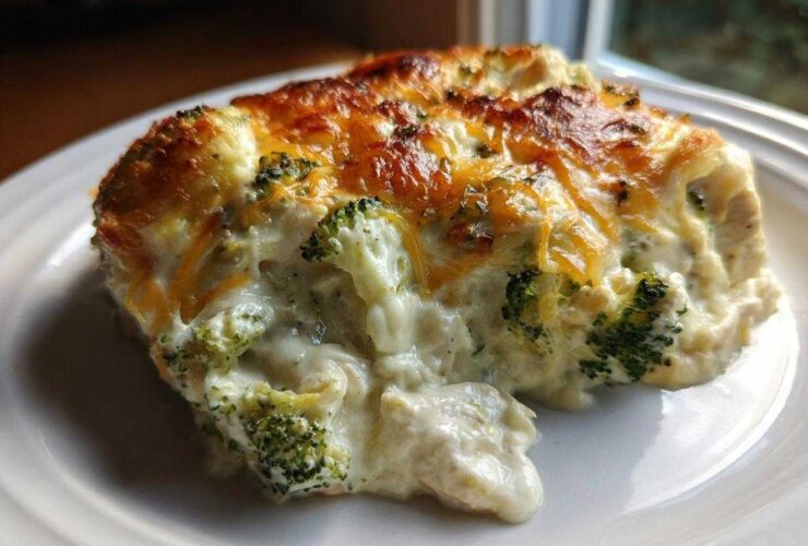 A close-up of a creamy, cheesy slice of Chicken Divan casserole with visible broccoli florets.