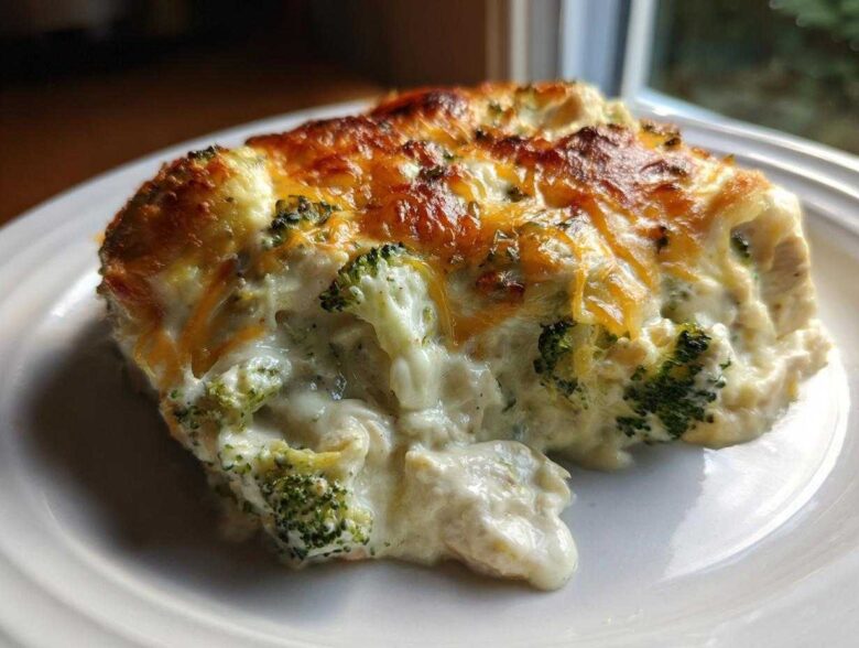 A close-up of a creamy, cheesy slice of Chicken Divan casserole with visible broccoli florets.