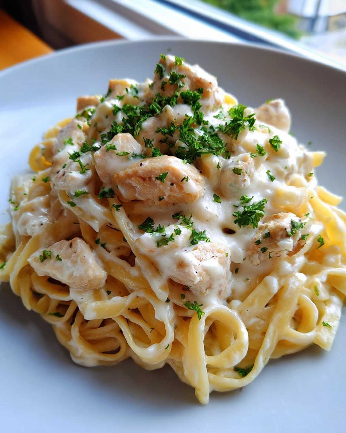 A close-up shot of a generous serving of chicken fettuccine alfredo topped with fresh parsley.
