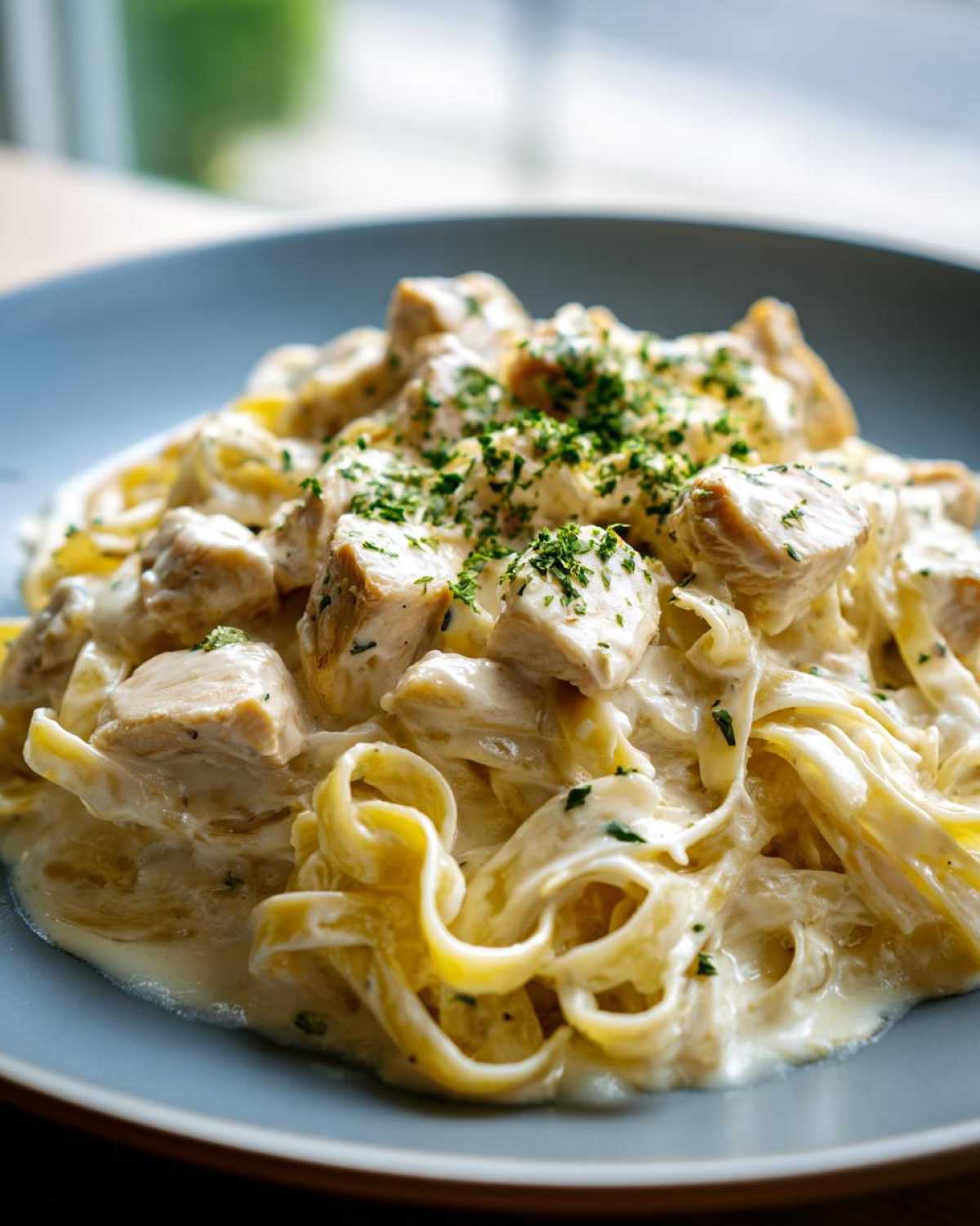 A close-up shot of rich chicken fettuccine alfredo, featuring fettuccine pasta coated in creamy sauce and topped with diced chicken and parsley.