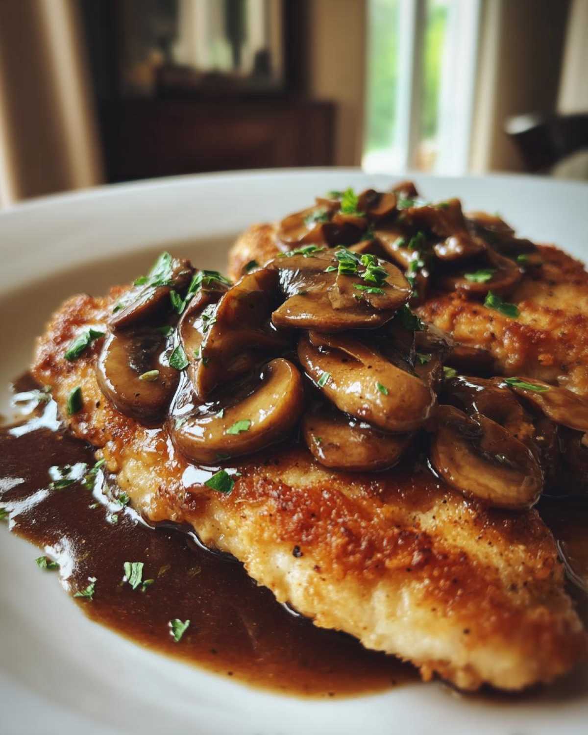 Close-up of pan-seared Chicken Marsala topped with rich brown mushroom sauce and fresh parsley.