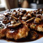 Close-up of breaded Chicken Marsala cutlets generously topped with rich, dark mushroom sauce.