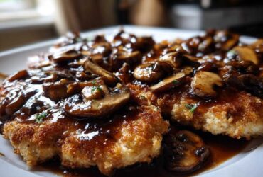 Close-up of breaded Chicken Marsala cutlets generously topped with rich, dark mushroom sauce.