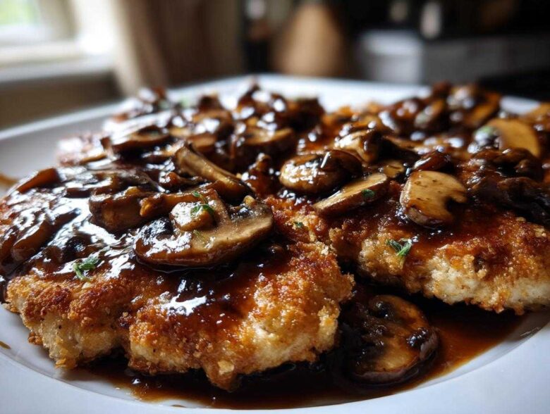 Close-up of breaded Chicken Marsala cutlets generously topped with rich, dark mushroom sauce.
