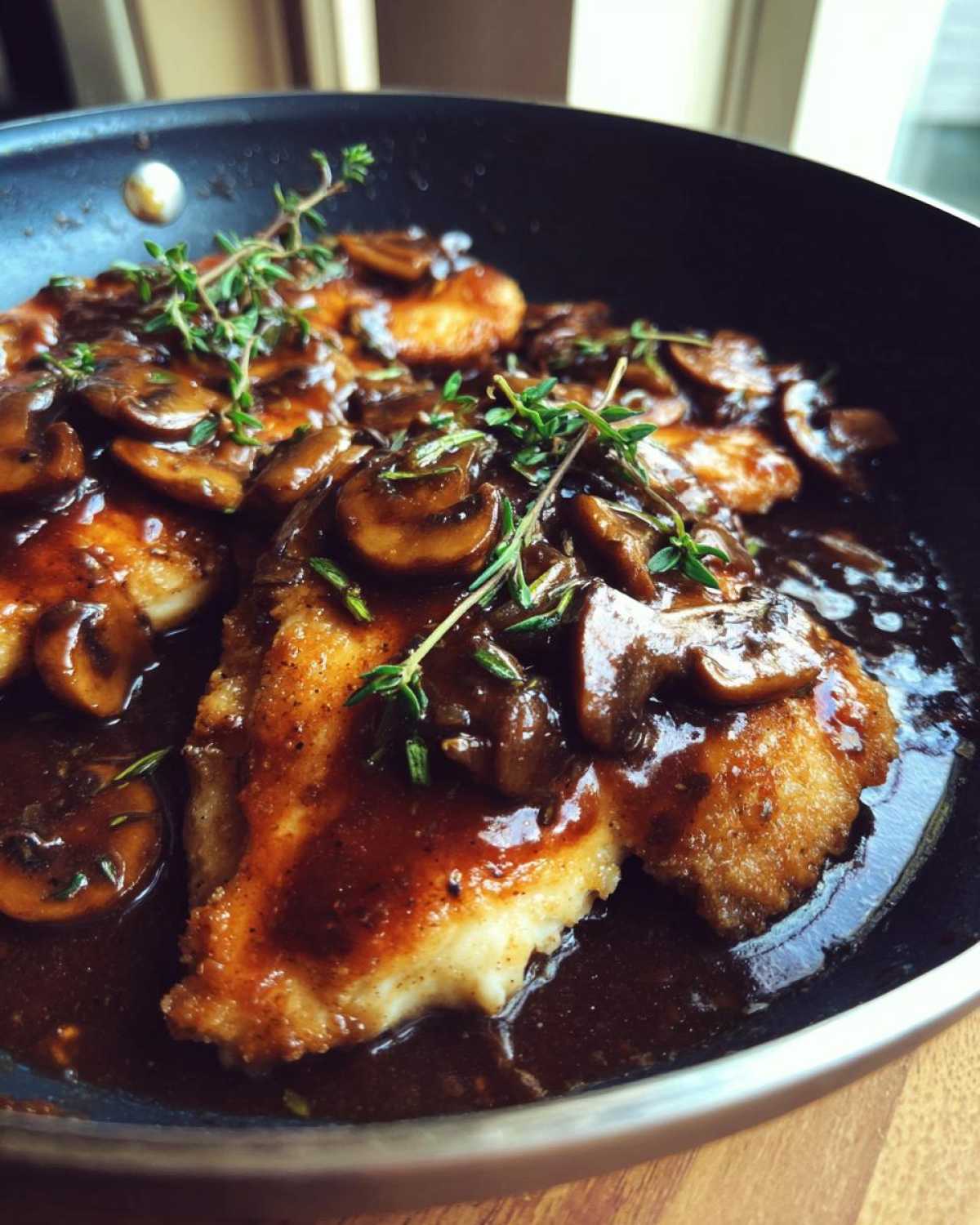 Close-up of pan-seared Chicken Marsala cutlets covered in rich, dark mushroom sauce and fresh thyme sprigs.
