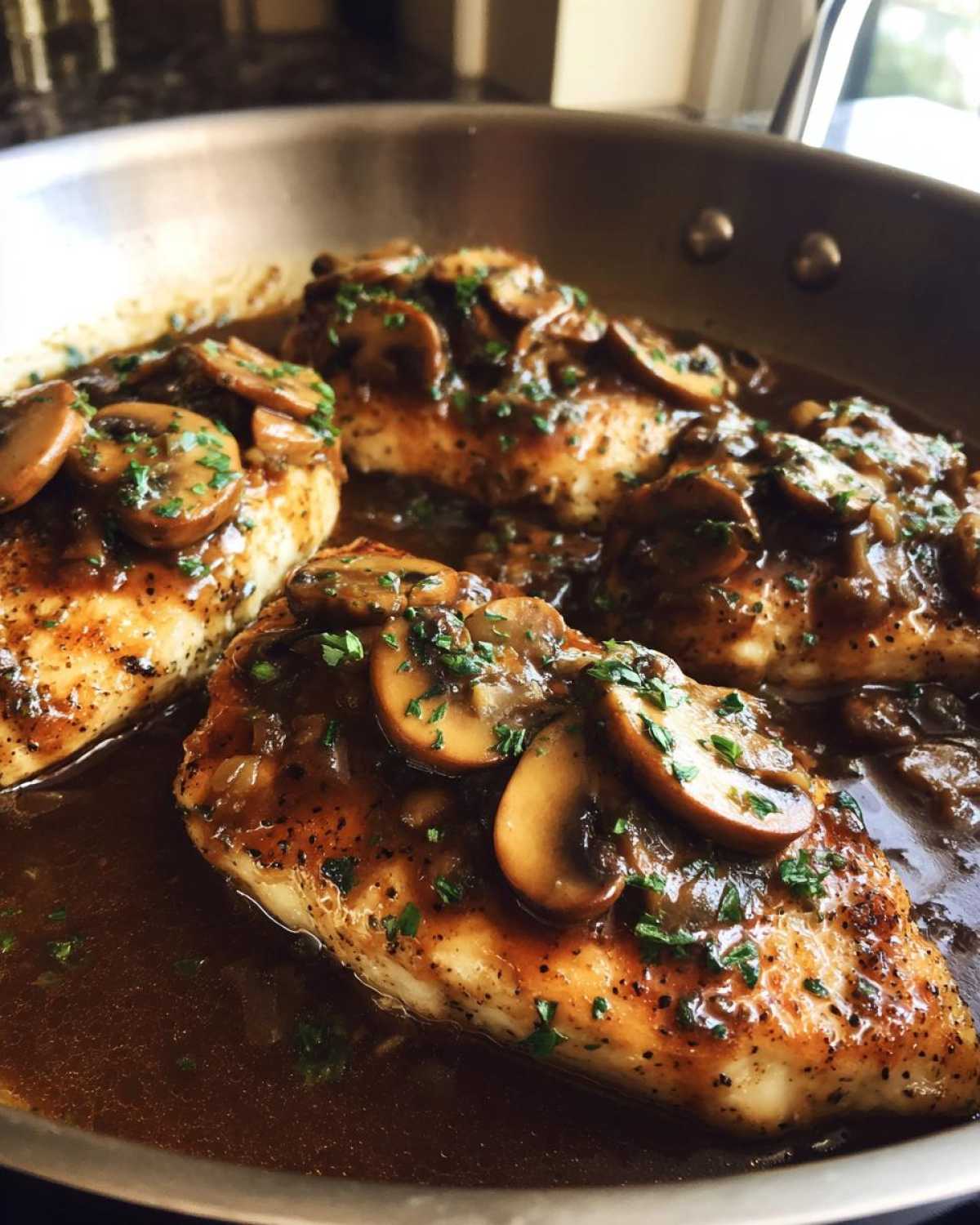 Close-up of perfectly seared Chicken Marsala breasts covered in rich brown sauce and sliced mushrooms.