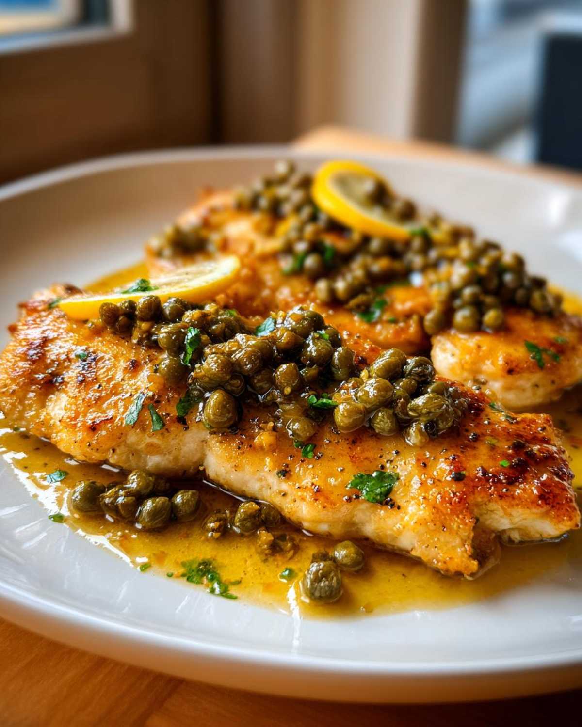 Close-up of two golden-brown chicken piccata fillets smothered in a lemon-butter sauce and generous capers.