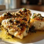 Close-up of three golden-brown chicken piccata pieces swimming in lemon-butter sauce with capers and parsley.