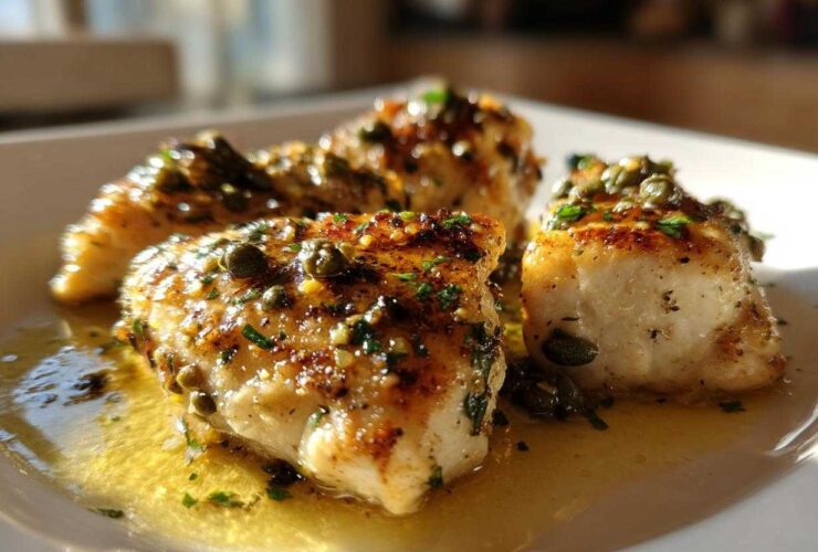 Close-up of three golden-brown chicken piccata pieces swimming in lemon-butter sauce with capers and parsley.